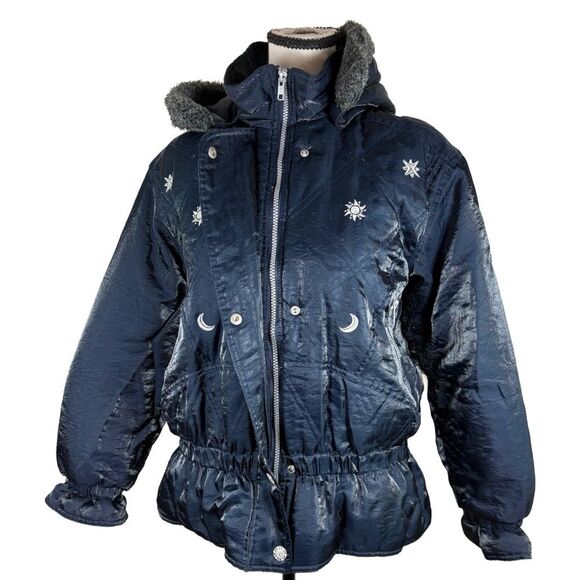 Vintage Celestial Puffer Jacket | Navy Blue Faux Fur Hood – Y2K Moon & Sun - Picture 3 of 12